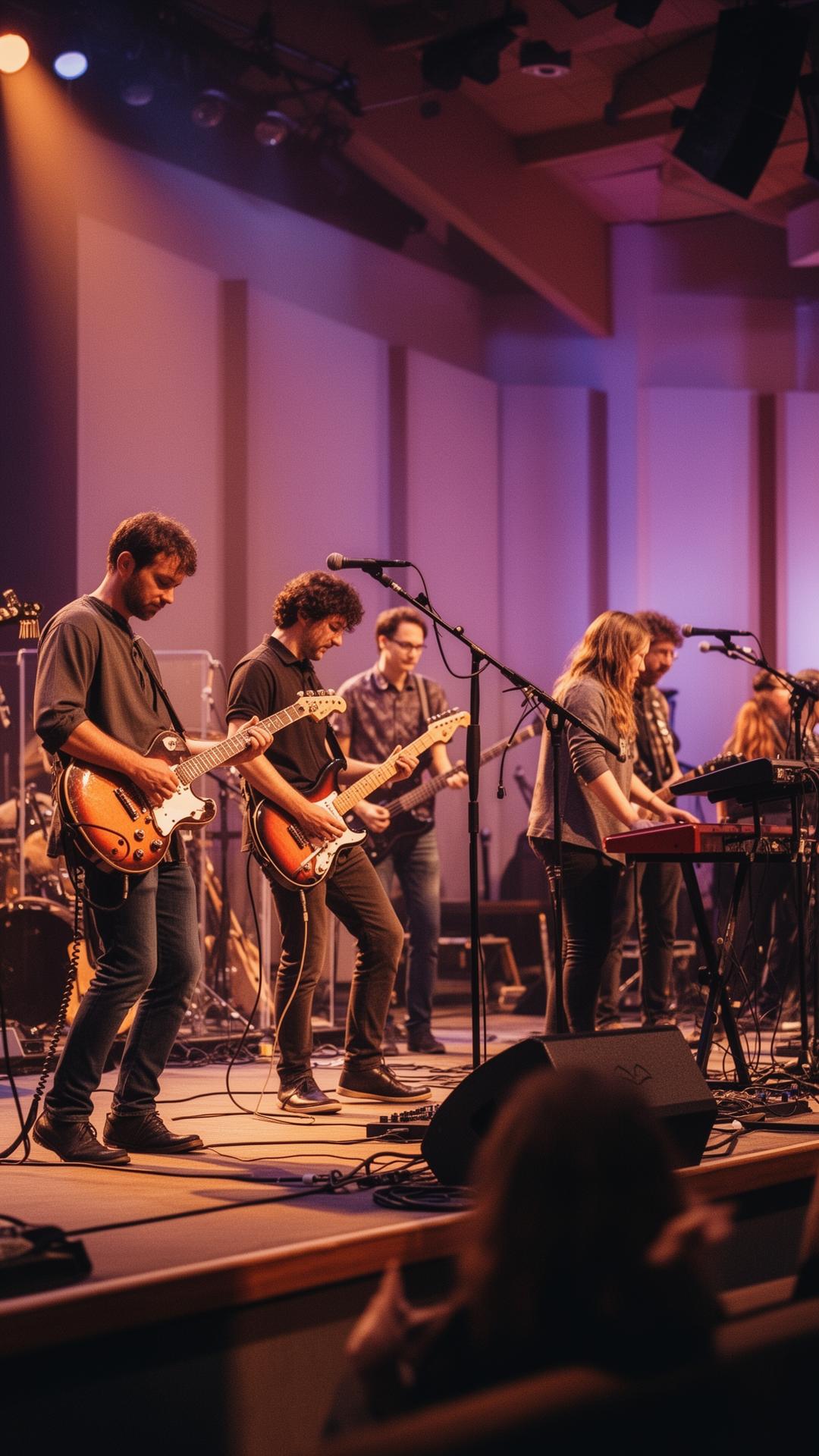 Worship team rehearsing on stage